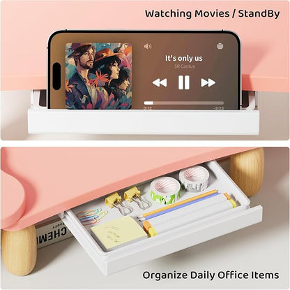 AFOOYO Dual Monitor Riser, Cookie-Shaped Adjustable Length & Swivel Angle, Wooden Desktop Organizer for 2 Monitors,Monitor Stand with Drawer for Laptop, PC, Computer, Printer,Pink