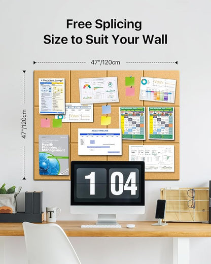 Large Cork Boards for Walls, 47"x35" Bulletin Board, 12-Pack Felt Wall Tiles with 60 Adhesive Tabs, Cork Boards for Office Decor, Felt Board Alternative Pin Board