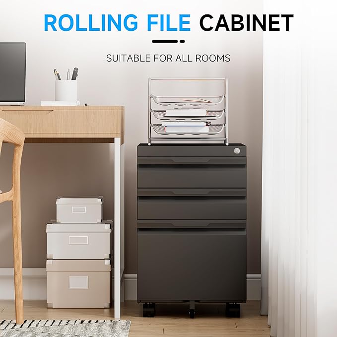 Bestoo 3-Drawer Mobile File Cabinet with Lock, Metal Filing Cabinet on Wheels for Home Office Under Desk, Fits File Folders, Letter/Legal/F4/A4 Size, Assembly Required (Black)