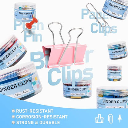 WORPSON 408 PCS Binder Clips Paper Clamps Assorted Sizes and Push Pins, Binding Paperwork Clamp Bulk, School Teachers Office Supplies (Multicolor)