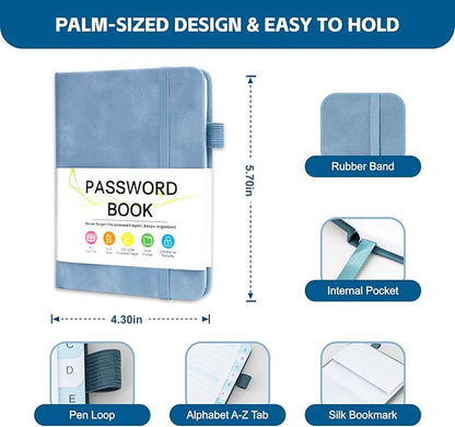 Password Keeper Book with Alphabetical Tabs，4.3"x5.7" Small Password Books for Seniors Password Notebook for Internet Website Address Log in Detail (Blue)