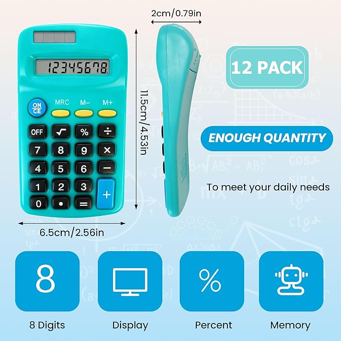 12 Pack Pocket Calculator Bulk: 8 Digit Hand Held Basic Calculator Small Solar Battery Dual Power Mini Calculators for Classroom Students Desktop School Home Office (Multicolor, 12 Pcs)