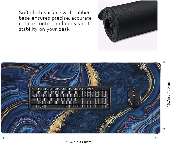 CANFLASHION Gaming Mouse Pad,Large Mouse Pads for Desk,Non-Slip Rubber Base Extended Mousepad,XXL Keyboard Mouse Mat,Computer Keyboard Desk Pad with Stitched Edges,35.4x15.8inch,Blue Golden Marble