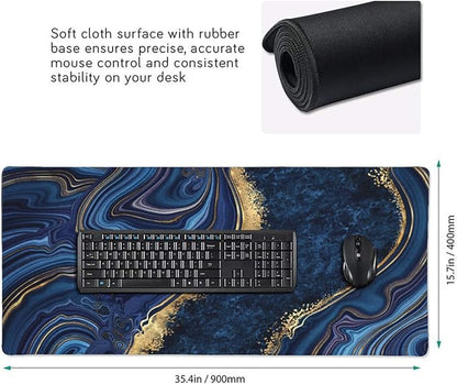 CANFLASHION Gaming Mouse Pad,Large Mouse Pads for Desk,Non-Slip Rubber Base Extended Mousepad,XXL Keyboard Mouse Mat,Computer Keyboard Desk Pad with Stitched Edges,35.4x15.8inch,Blue Golden Marble