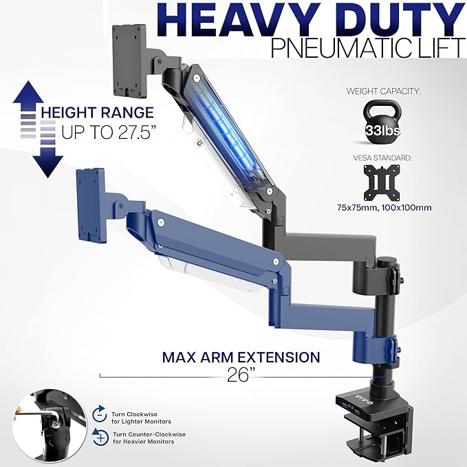 VIVO Premium Aluminum Tall Extended Monitor Arm for Ultrawide Monitors up to 49 inches and 33 lbs, USB Single Desk Mount Stand, Pneumatic Height Adjust, Max VESA 100x100, Black, STAND-V101GTU
