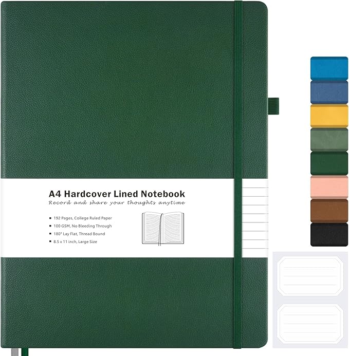 College Ruled Notebook, A4 Hardcover Leather Notebook for Work, Lined Notebook Journal for Women, Men, 192 Thick Paper, Lay Flat, Large Notebook with 2 Pockets, Professional Business Notebook, Green