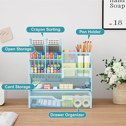 Marbrasse Mesh Pen Holder for Desk, Multi-Functional Pencil Organizer with Drawer, Desk Organizers and Accessories for Office Art Supplies (Blue)