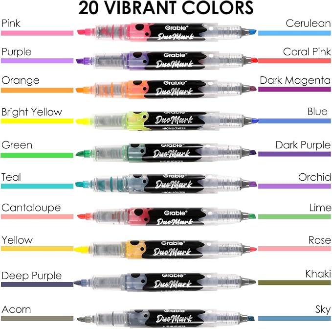 Grabie 20 Dual Tip Colors Highlighters, DuoMark Highlighter Set of 10, Dual Tone Highlighters Assorted Colors, Versatile Chisel Tip, Highlighter Markers, Note-taking