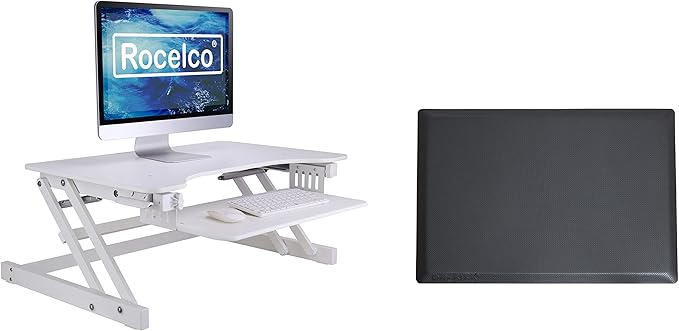 Rocelco 32" Height Adjustable Standing Desk Converter with Anti Fatigue Mat BUNDLE | Sit Stand Up Dual Monitor Riser | Computer Workstation | Large Retractable Keyboard Tray | White (R ADRW-MAFM)