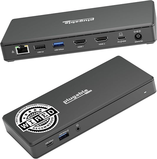 Plugable USB-C Docking Station Dual 4K 60Hz HDMI, 65W Charging, Gigabit Ethernet, 1x USB-C 5Gbps, 3X USB-A, Audio, Windows/ChromeOS, USB-C/USB4/Thunderbolt, Driverless (UD-MSTH2)