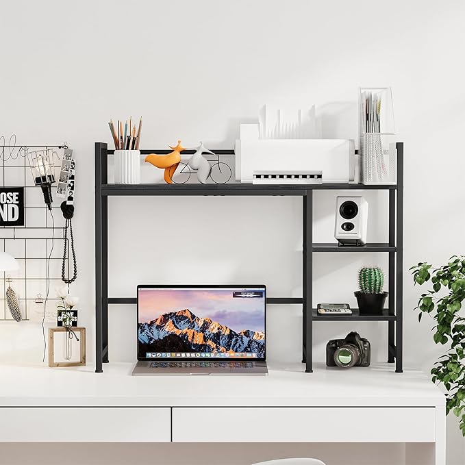 Snughome Desk Shelf, 38.6" Desk Hutch for Computer Monitor, Desktop Organizer Shelf, 4 Tier Desk Display Rack, Wood Desktop Bookshelf Storage Rack for Home Office Dorm, Black