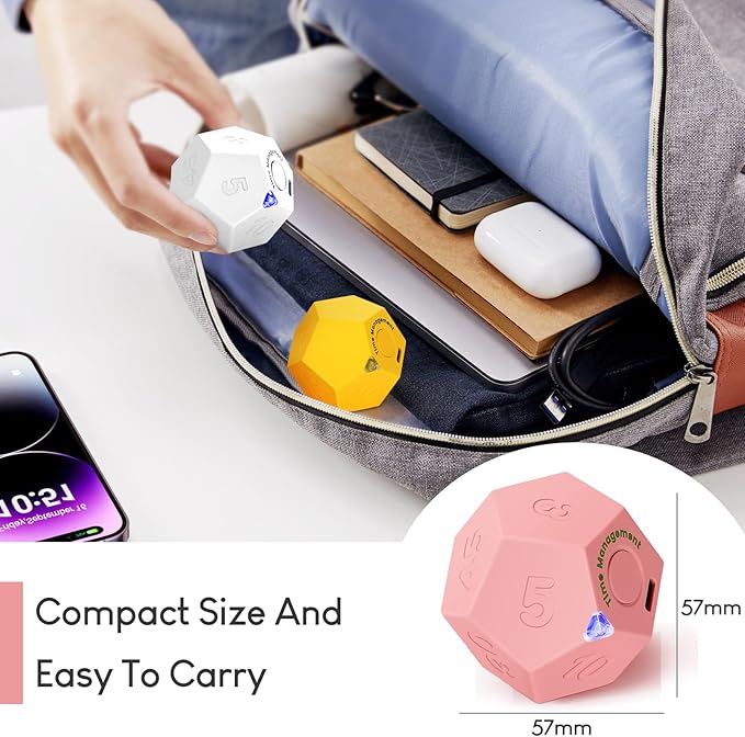 Pomodoro Timer, 11 Preset Time Productivity Timer, Ring/Vibrate Mode Productivity Cube, Type C Rechargeable Kitchen Cooking Timer for Cooking, Learning, Exercise and Beauty-Pink