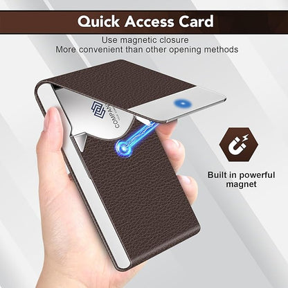 DMFLY Business Card Holder with Ultra Slim Design, Business Card Case with Premium PU Leather, Suit Pocket Metal Card Holder for Women/Men, Magnetic Closure Quick Access Cards