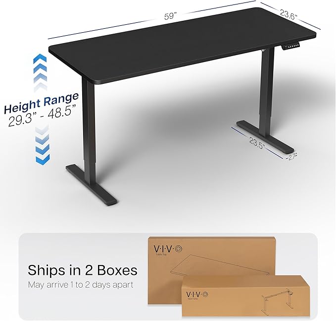 VIVO Electric 60 x 24 in Standing Desk, Memory Height Adjustment, 1B Series, Holds 220 lbs, One-Piece Black Top, Black Frame, DESK-KIT-1B6B