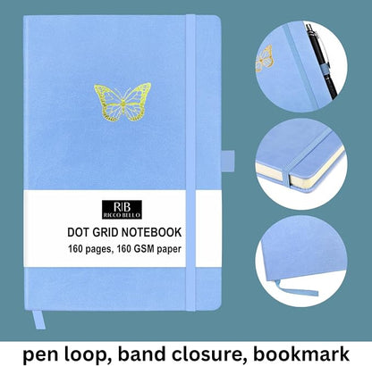 RICCO BELLO Lined Journal Notebook, Butterfly, 5.7 x 8.4-Inches | Faux Leather Hardcover, Pen Holder, College Ruled, 96 Sheets / 192 Pages, For Work & Notes