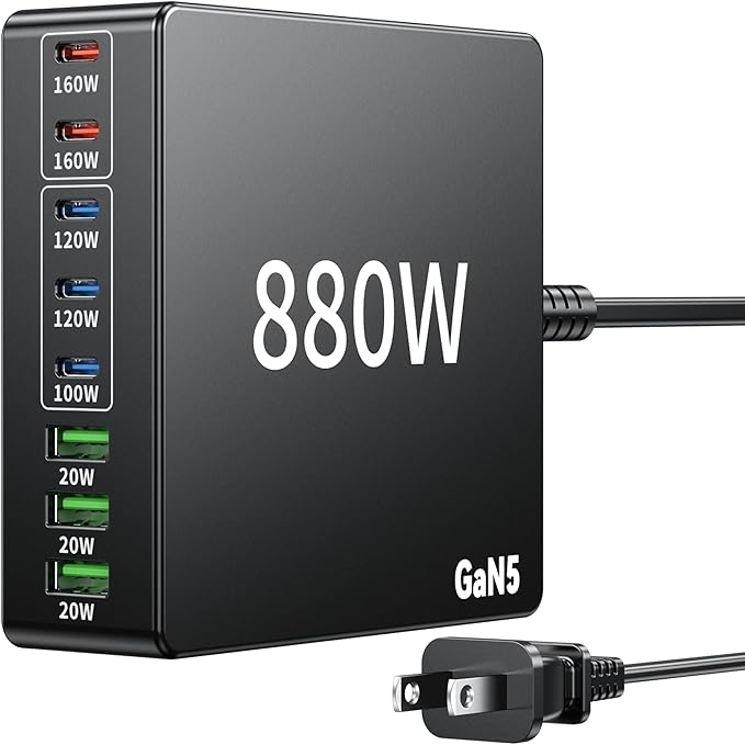880W USB C Charger Block Charging Station 8 Port Fast Chager 140W PD PPS AVS HUB Laptop MacBook Charger Compatible with All iPhone 17 Pro Max/17 Air/16 SE/Samsung Galaxy 25/ MacBook Pro/Air/iPad Pro