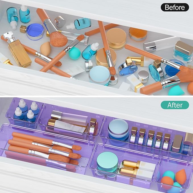 WOWBOX 9 Pack Clear Drawer Organizer Set, Acrylic Drawer Storage Trays, Storage Bins for Makeup, Cosmetics, Jewelries, Utensils, Gadgets, Office, Purple
