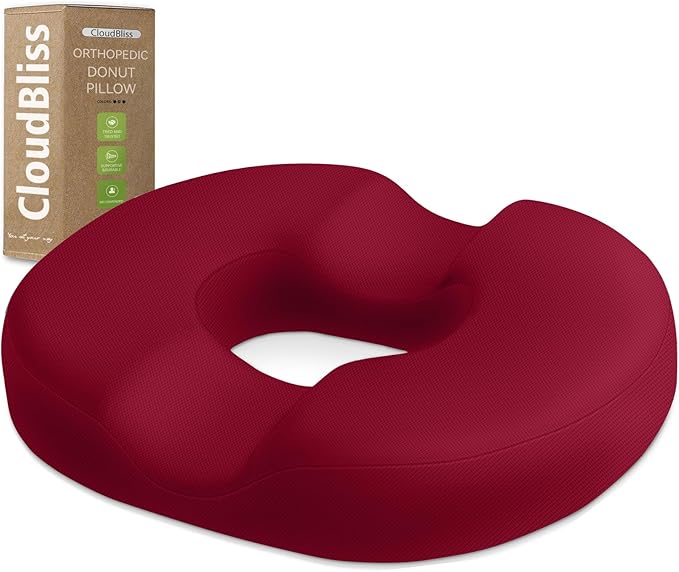 CloudBliss Donut Pillow Seat Cushion Chair Pad for Tailbone Pain Relief and Hemorrhoids, Memory Foam Seat Chair Cushion for Men and Women for Home & Office, (Red-XL)