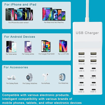 USB Charger, 12-Port USB Charging Station (4 USB-A Ports and 8 USB-C Ports) Multiple USB Charger Station Compatible with iPhone 15/14/13/13pro max 12/12/12 Mini/12Pro/12Pro, Tablet PC, Smartphone