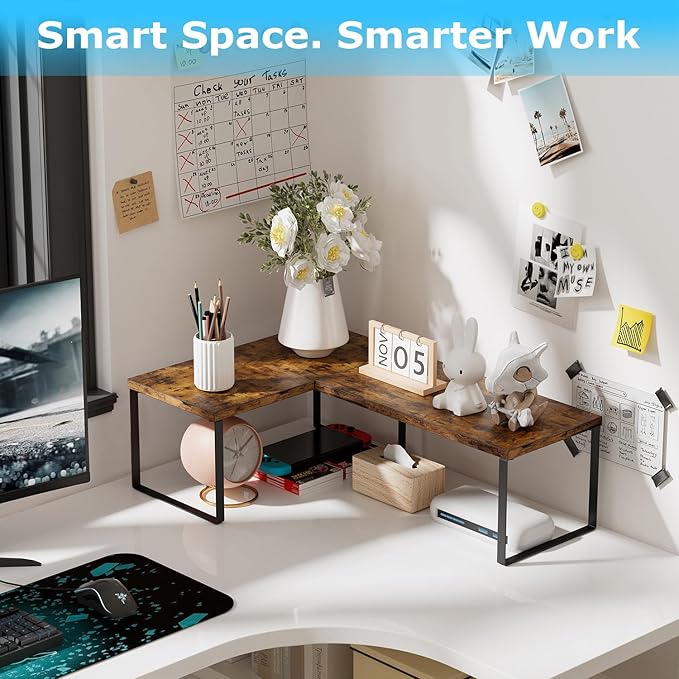 Aothia Wood Desktop Shelf for Top of Desk - 2-Tier Adjustable Bookshelf Organizer, Freestanding Stackable Shelves for Office, Home, Kitchen Counter (Rustic Brown)