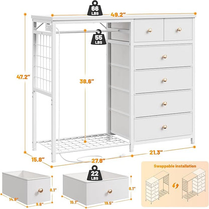 EnHomee 49.2" W White Dresser for Bedroom with Hanging Rack, 6 Drawers Dresser with LED Lights & Charging Station, Fabric Dressers & Chest of Drawers with Grid Panel & 4 Hooks, Wooden Top