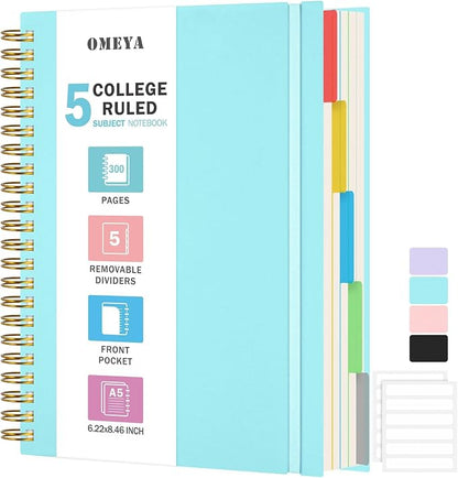 5 Subject Notebooks College Ruled, Lined Notebook with Removable Dividers | 300 Pages 100GSM Thick Spiral Writing Journal for Women & Men, Small A5 Spiral Notebooks for Work, School Supplies, 6" x 8"