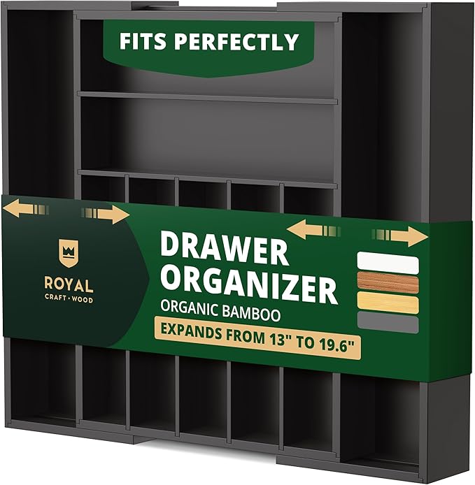 ROYAL CRAFT WOOD Luxury Bamboo Kitchen Drawer Organizer - Silverware Organizer - Utensil Holder and Cutlery Tray with Grooved Drawer Dividers for Flatware and Kitchen Utensils (9 Slot, Black)