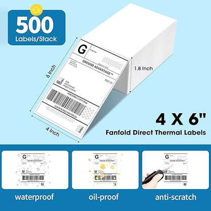 4"×6" Direct Thermal Shipping Label, Fanfold Thermal Label 4000 Packs (500packs Per Stack) Permanent Adhesive, Compatible with Zebra, Rollo, Jadens, Nelko