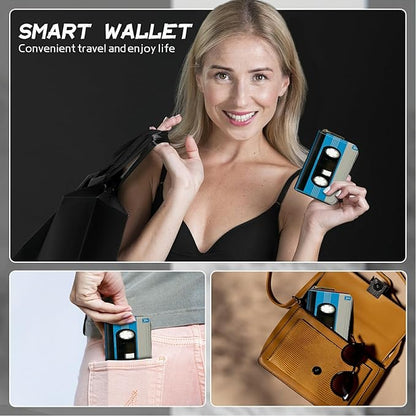BWEGRHE Cute Credit Card Holder with Zipper, Blue Cassette RFID-Blocking Card Case Small Wallet for Women Men, Multi-slot Card Organizer Case Travel Accordion Wallet