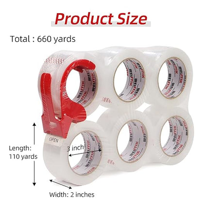 WELSTIK Packing Tape 660 Yards, 6 Pack 2 inch x 110 Yards Heavy Duty Clear Packaging Tape with Dispenser, Industrial Shipping Box Transparent Packing Tape for Moving, Office, Home