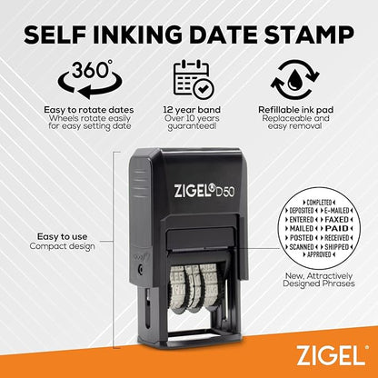 ZIGEL D50 Date Stamp with Approved - Self Inking Date Stamp - Red