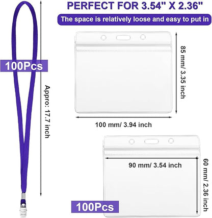 Marspark 100 Sets Clear Name Tags with Lanyard, Lanyards for ID Badges Reusable Strap with ID Holder Plastic Name Badges for Adults Business School Church Conference (Dark Purple)