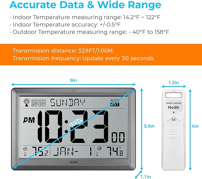 Wall Clock Atomic with Indoor Outdoor Temperature Battery Powered, Easy Reading with 10.5 Inch Large LCD Display, 330FT Range Table Wall Clock With DST, 12/24 Hour for Living Room Kitchen (Silver)