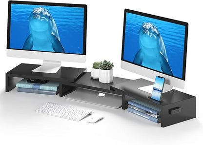 BONTEC Dual Monitor Stand Riser with Smartphone Holder, Adjustable Length & Swivel Angle, Ergonomic Wooden Desktop Organizer for PC Monitor, Laptop, Printer, Large Storage, Black
