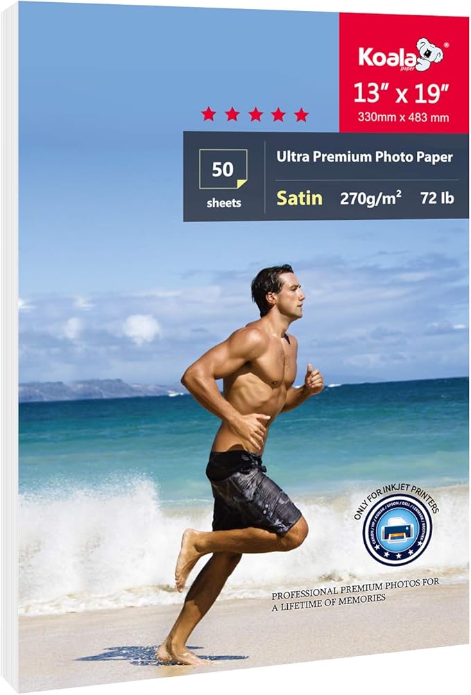 Koala Ultra Premium Photo Paper 13x19 In Satin Photo Printer Paper for Inkjet Printer Water-Resistant Semi Gloss 50 Sheets 72lb