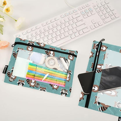 Emelivor Raccoon Teal Pencil Pouch for 3 Ring Binder 2 Pack Binder Pencil Case with Clear Window Pencils Bags with Zipper for Storing College Office Supplies