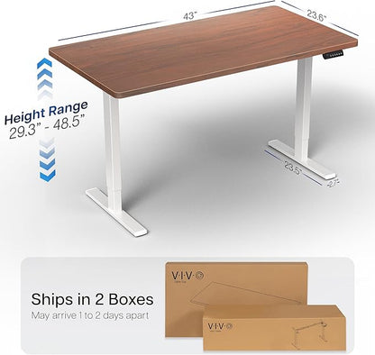 VIVO Electric 43 x 24 in Standing Desk, Memory Height Adjustment, 1B Series, Holds 220 lbs, One-Piece Dark Walnut Top, White Frame, DESK-KIT-1W4D