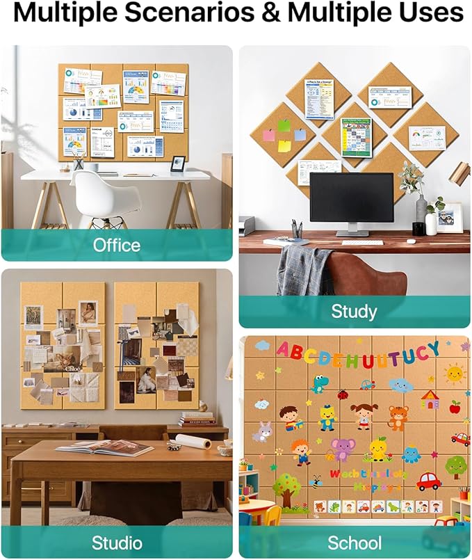Large Cork Boards for Walls, 47"x35" Bulletin Board, 12-Pack Felt Wall Tiles with 60 Adhesive Tabs, Cork Boards for Office Decor, Felt Board Alternative Pin Board