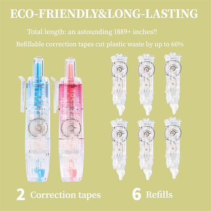 Refillable Correction Tape, 157 ft Total – 2 Pre-Filled Dispensers + 6 Snap-In Refills, School & Office Supplies, Pink & Blue