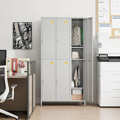 SUPEER 6 Doors Metal Locker Employee with Business Card Holder,Metal Locker for Employees with 18 Hooks for School Garage Office Gym Home,Assembly Required,Light Grey