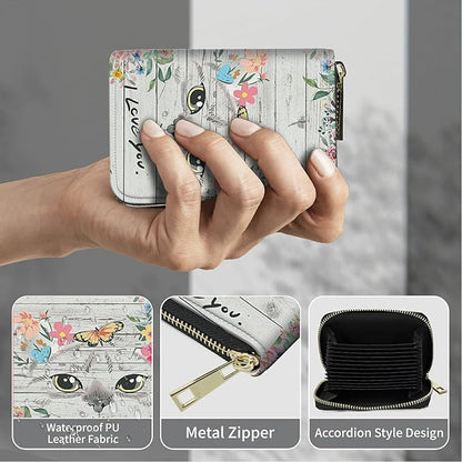 BWEGRHE Cute Credit Card Holder with Zipper, Cat Flowers RFID-Blocking Card Case Small Wallet for Women Men, Multi-slot Card Organizer Case Travel Accordion Wallet