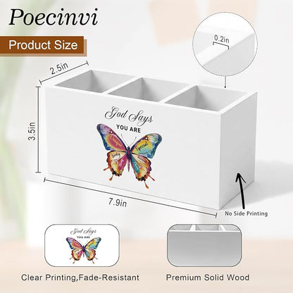 God Says You Are Butterfly Christian Pen Holder for Home Office Desk, Christian Gifts for Women, Butterfly Inspirational Bible Verse Wooden Box Sign Pencil Holder for Desk Shelf Organizer