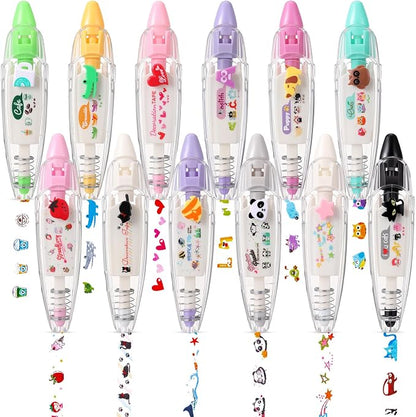 12 Pcs Decorative Tape Pen, Cartoon Animals Press Type Correction Tape, Decorative Roller Pen DIY Creative for Back to School Gifts, Rewards, Scrapbooking, Christmas Stocking Stuffers