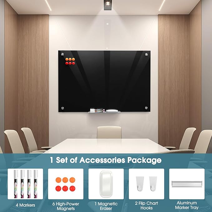 MaxGear Glass Whiteboard Wall Mounted, Frameless Magnetic Dry Erase Board, Tempered Glass, Steel-Backed, Non-Porous Smooth Surface, Floating Design, Accessories Included, for Office Home Classroom