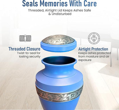 Modern Memorials Cremation Urn for Ashes - Large Urn for Man & Women - 200 Cubic Inches - Includes Velvet Storage Bag - Sky Blue with Silver Band