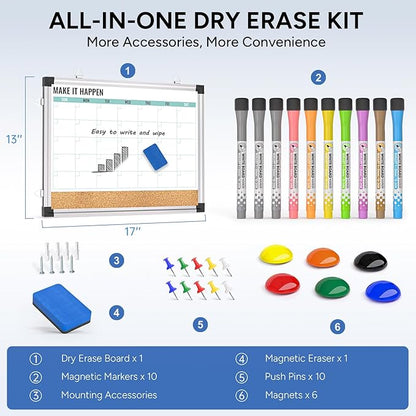 Monthly Calendar Whiteboard and Cork Board Combo for Wall, 17"x13" Reversible Hanging Dry Erase Board, Double Sided White Board with Aluminum Frame for Planning, Office, Kitchen, School, Home