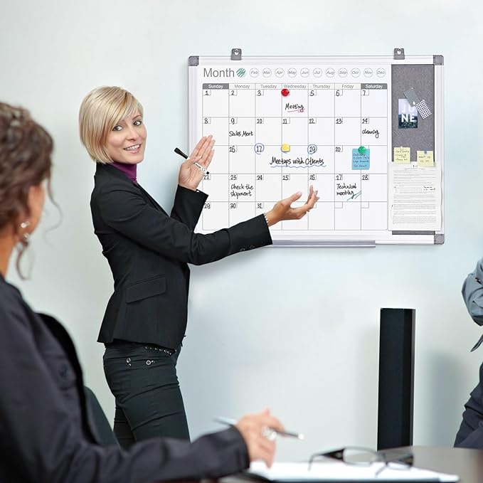 MAKELLO Dry Erase Calendar for Wall 24" x 18", Whiteboard Calendar and Grey Felt Board Combo for Office Home School