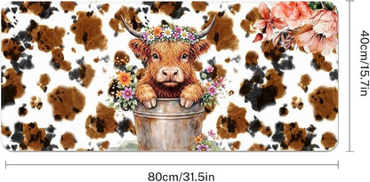 Britimes Cute Highland Cow Desk Mat Flowers Cartoon Print Deak Pad Non-Slip PU Leather Large Keyboard Mouse Pad Office Desktop Accessories for Office,Work,Home Decor(31.5"X15.7")