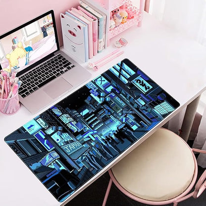 Japanese Gaming Arcade Blue Large Gaming Mouse Pad Keyboard Desk Pad Extended Mouse Pad Gaming Office Decor, Pc Laptop Mouse Pads Large (31.5x15.7 in) with Stitched Eges Non-Slip Base Mousepad XXL