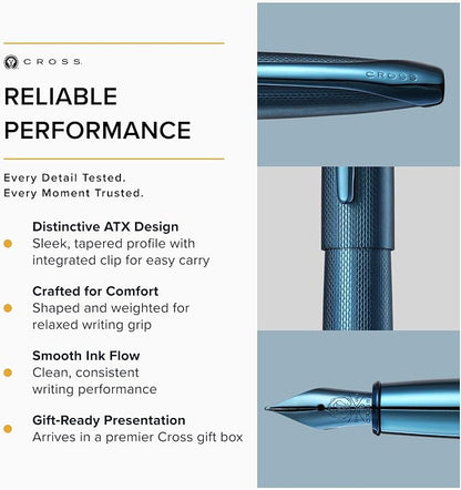 Cross ATX Sandblasted Dark Blue Stainless Steel Medium Nib Fountain Pen - Refillable Pen for Smooth Writing - Black Ink - Comfortable Grip - Long-Lasting - Professional Office Supplies